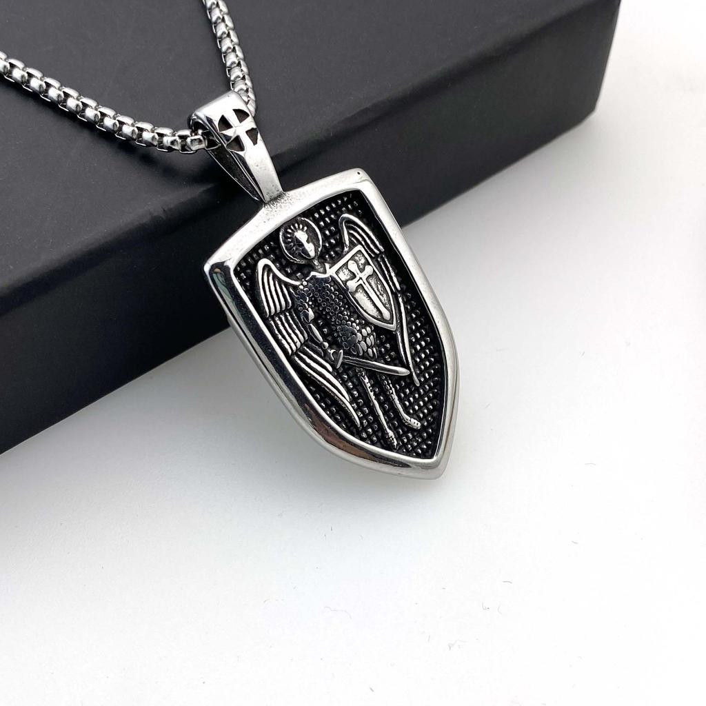 Necklace Fashion Retro Angel Cross Shield Double Sided Letter Tag Pendant
