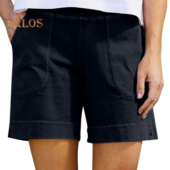 Women's Cotton Linen Shorts Elastic Waist Baggy Short Pants with Pockets Casual Knee-Length Summer Shorts