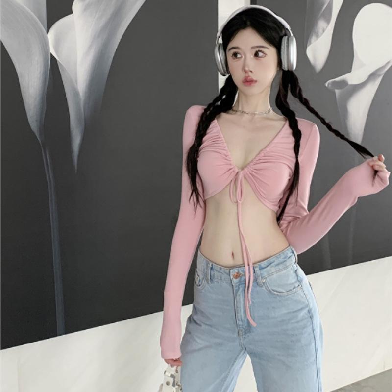 Spicy Girl Deep V Slimming Long Sleeve Top - Trendy American Design for Early Autumn