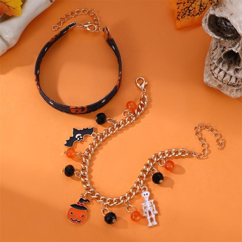 Halloween Beaded Bracelets Set Pumpkin Skull Bracelets for Women Jewelry Gift