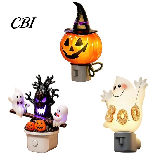 Unique Halloween Gift for Kids Resin Night Light, Ghost Pumpkin Tree Figurine, Plug-in LED Light Wall Lamp, Spooky Decorative Lighting Bedroom