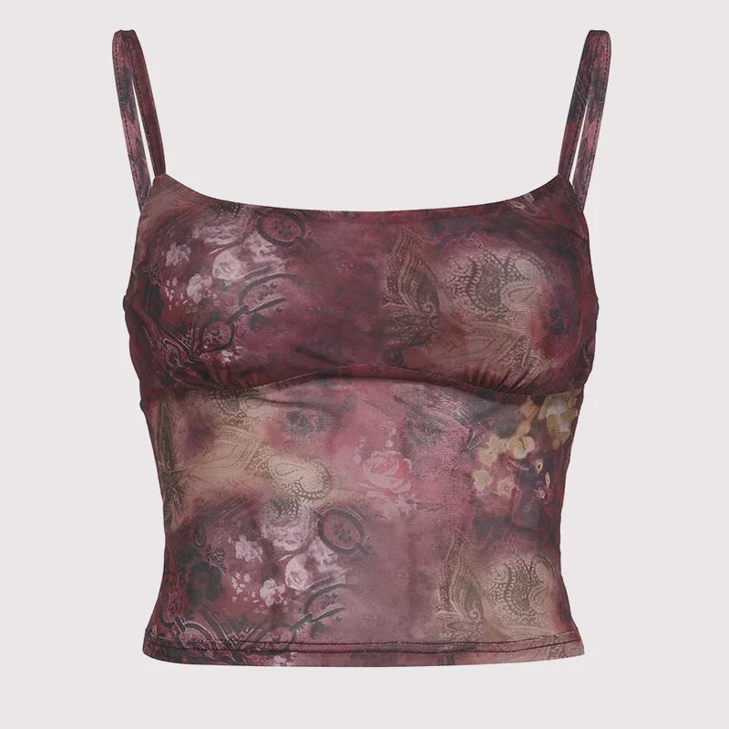 American Street Retro Print Mesh Crop Top Waist-High Vest