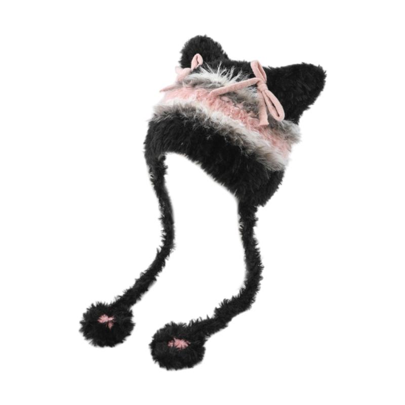 

Furry Cartoon Head Cover with Ear for Outdoor Sports Striped Hat with Ear Oversized Headgear Hat for Winter чёрный