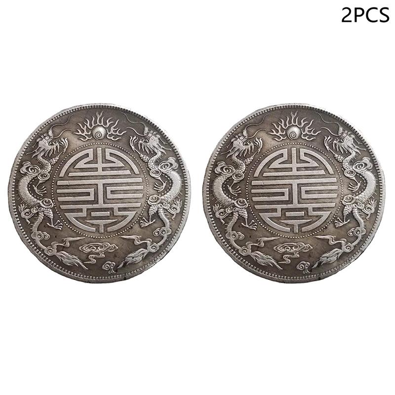 2Pcs Antique Feng Shui Chinese Double Dragons Bead Lucky Coins Collection Gift