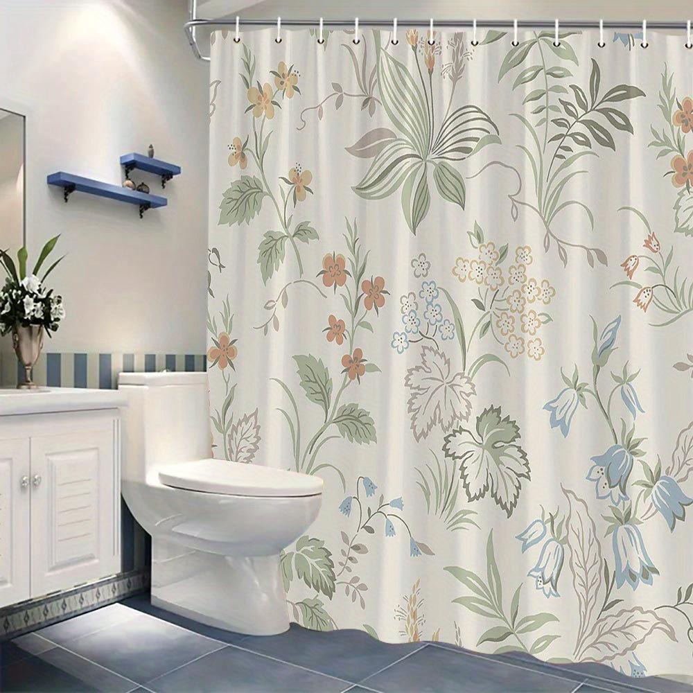 Floral Shower Curtain - Pastel Botanical Design, Green & Orange On Beige, 70x70 Inch