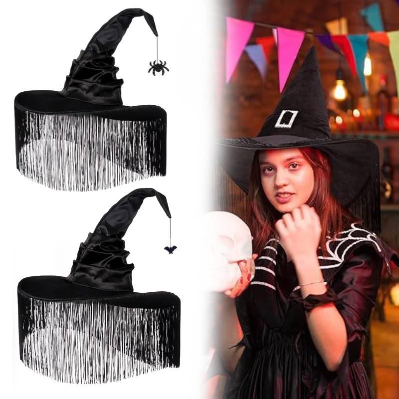 Black Pleated Halloween Fringe Hat Party Witch Face Cover Headdress Decorative