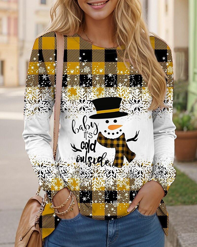 Christmas Snowman Pattern Women Fashion T-Shirts Autumn Winter Long Sleeve 3d Print Plaid Street Christmas Ladies Tee