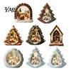 Christmas Tree Wooden Figurines Tabletop Decor with Warm LED Lights, 2D Printed Snow Village Scene Vintage Wood Displays Santa Reindeer Nutcracker
