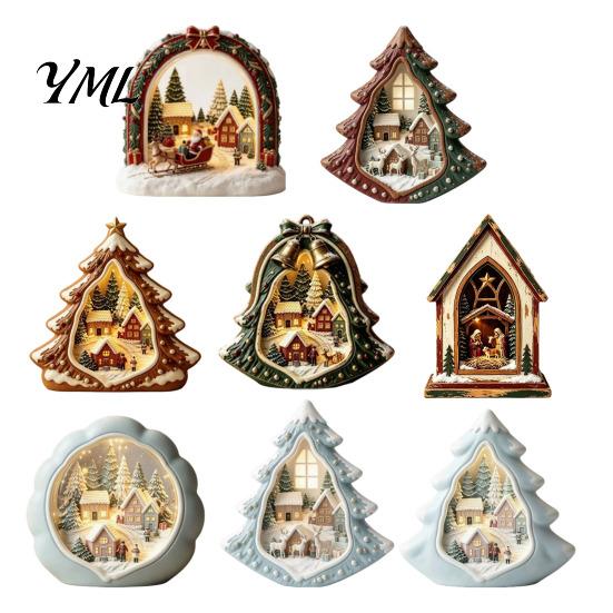 Christmas Tree Wooden Figurines Tabletop Decor with Warm LED Lights, 2D Printed Snow Village Scene Vintage Wood Displays Santa Reindeer Nutcracker