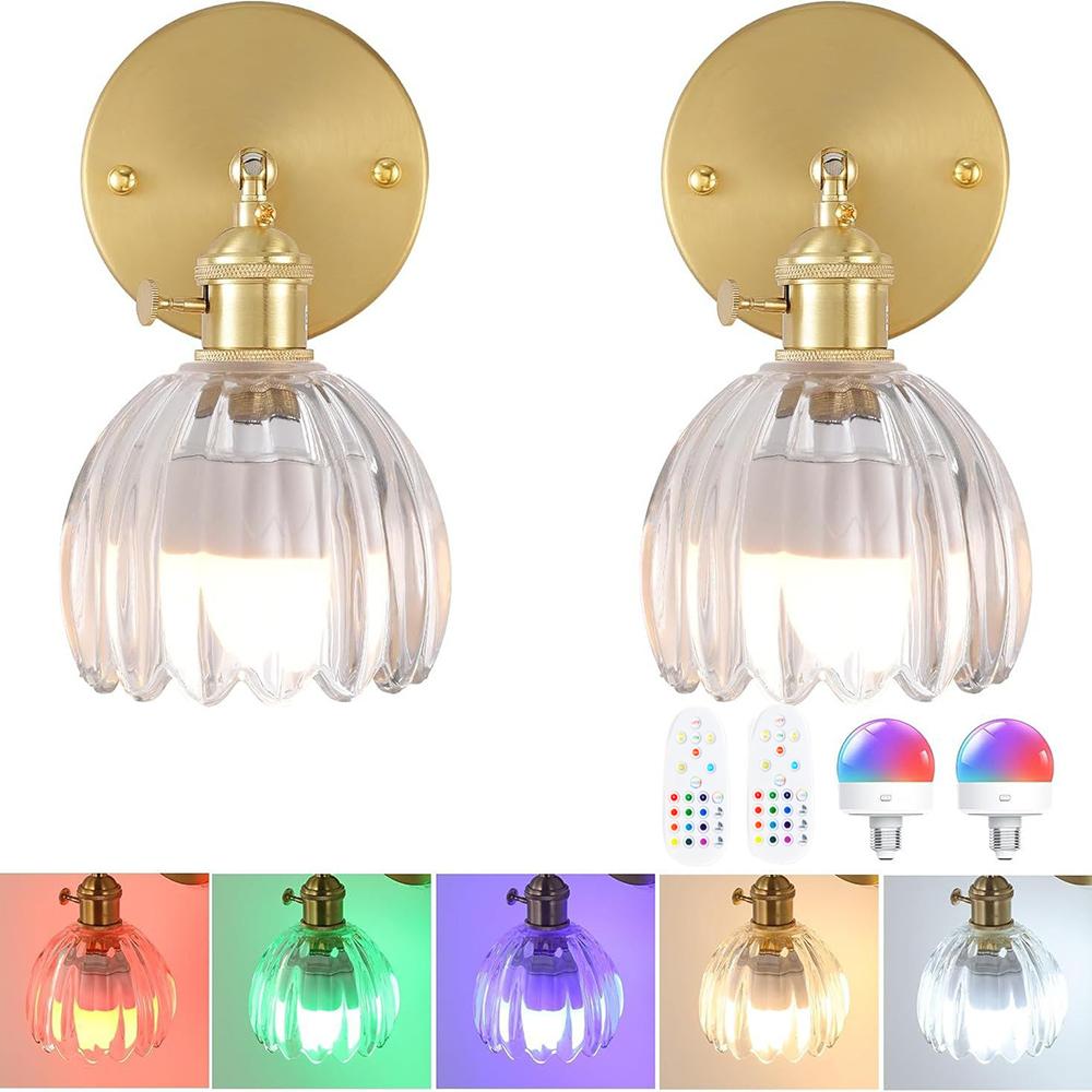 Vintage Glass Wall Sconce 2P RGB Rechargeable Bulb Wiring Free For Living Room Bedroom Study Room Cloakroom Stairwell Decor Lamp