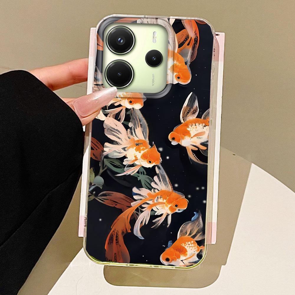 Koi Goldfish Sparkle Black Glossy Phone Case for Xiaomi Redmi Note 14 13 12 11 11S 10 9 8 Pro 9C 13C 14C A5 A3 A4 A3X A1 Cover