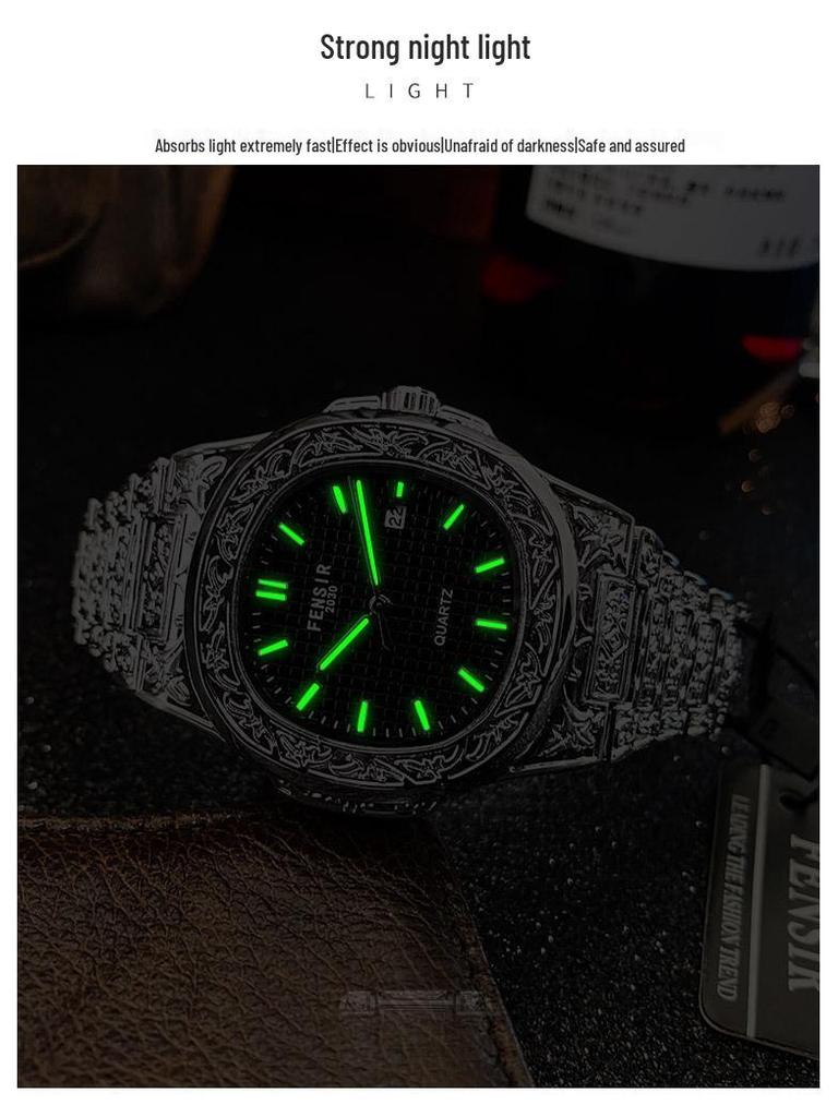 FENSIR Engraved Mesh Men's Retro Calendar Quartz Watch In European and American Style
