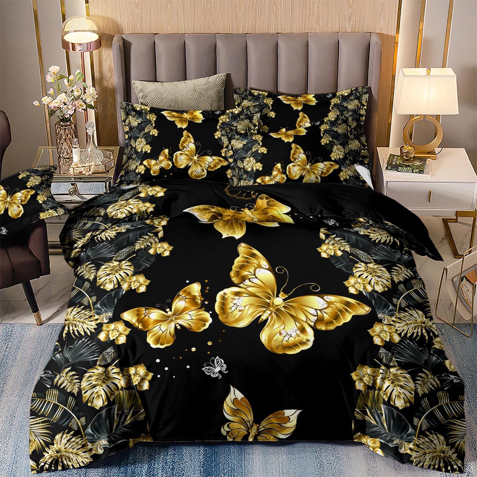 

Luxury Golden Butterfly Bedding Set, Black Tropical Leaf Duvet Cover Set, Elegant Metallic Home Textile, Perfect Gift for Glam Bedroom Decor DE 100x135cm