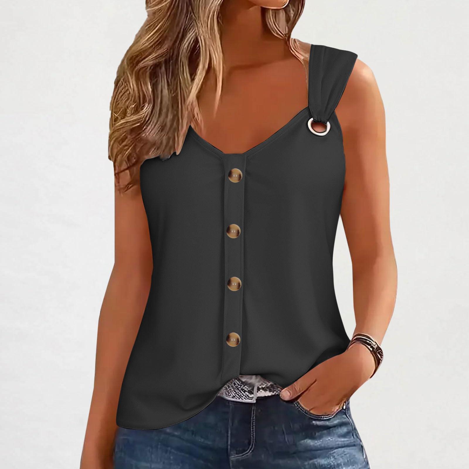 Women s Fashion Casual Loose Sleeveless Buttoned V-Neck Colour T-Shirt Top S