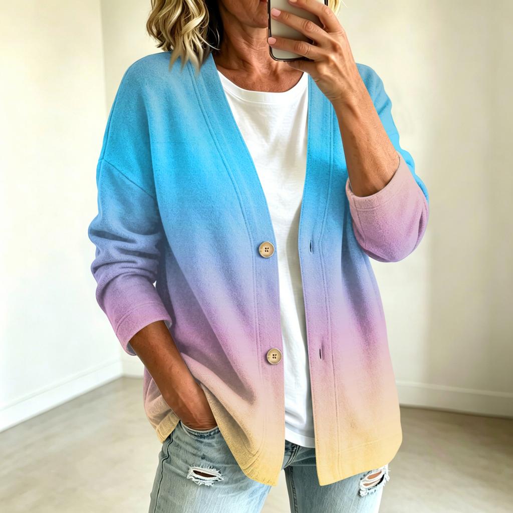 Damen Casual Knopfleisten-Jacke mit Farbverlaufdruck für den Alltag