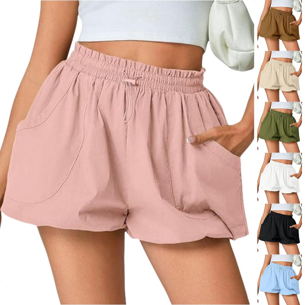 Women's Casual Bubble Shorts Elastic Waistband Lightweight Summer Shorts with Pockets Relaxed Fit Pleated Design