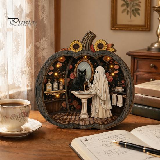 Fall Harvest Home Decoration Halloween Ghost Wooden Tabletop Ornament, 2D Flat Cute Reading Bathing Thanksgiving Table Centerpiece Watering