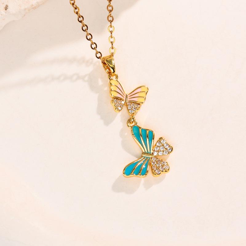 Sweet Temperament Butterfly Pendant Clavicle Necklace - Micro-inlaid Color Drip Oil, New Fashion for Women