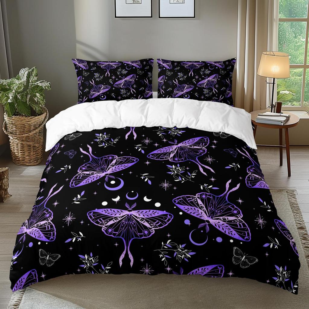Gothic Moth Duvet Cover, Butterfly Bedding Set Full Queen Flower Weed Botanical Comforter Cover Psychedelic Galaxy Quilt Cover
