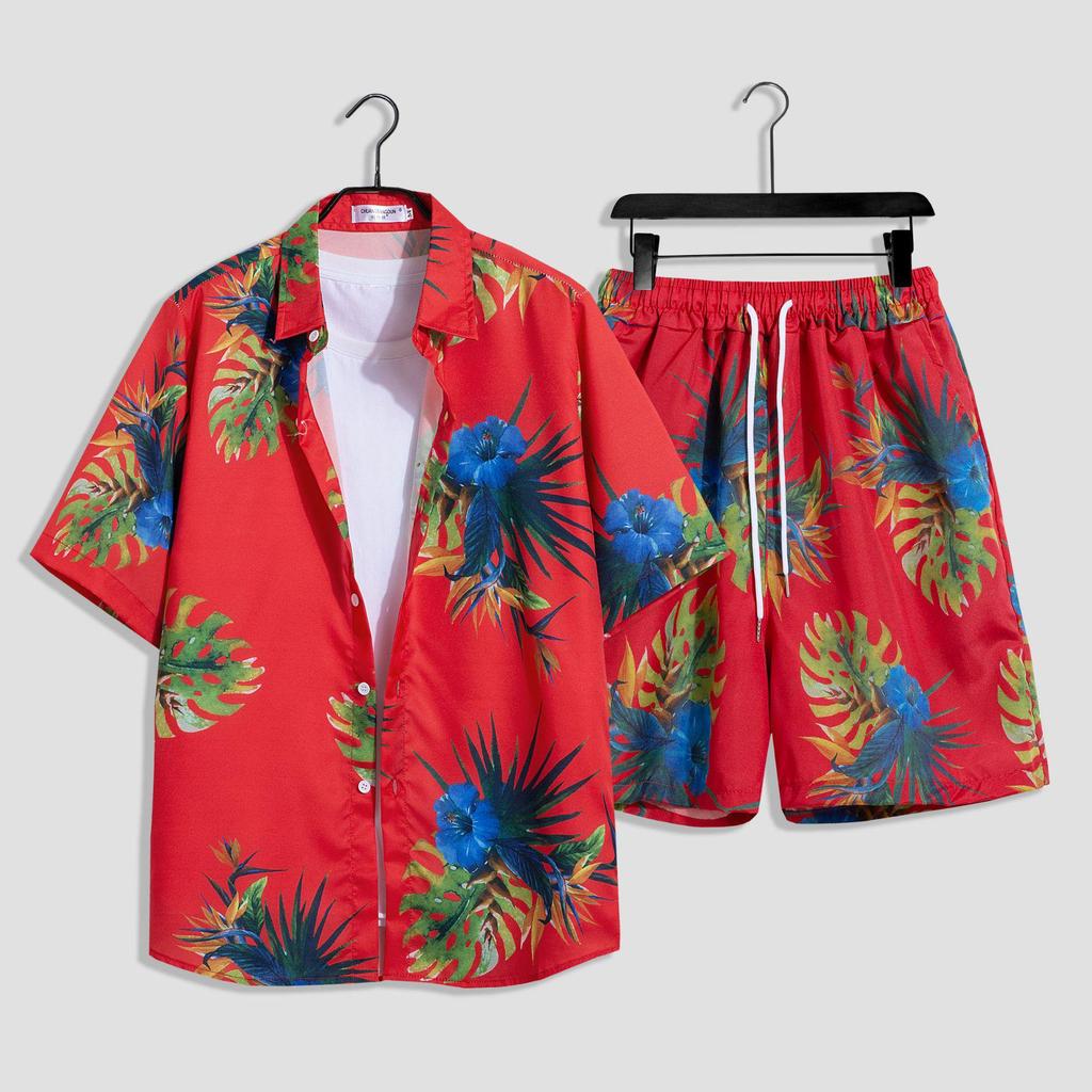 Hawaiian Floral Beach Set: Men's Loose-Fit Plus Size Short Sleeve Shirt & Casual Shorts