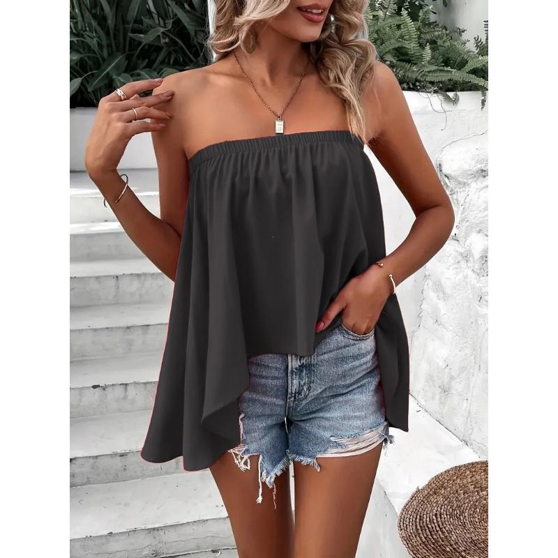 Damen Unifarben Trägerlos Schulterfrei Fließend Schwingend Schlauchoberteil Lässig Sommerurlaub Camisole