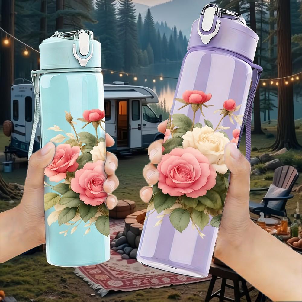 1PC Pink Rose Flower Bouquet Pattern 750ml Color Plastic Sports Water Bottle Leakproof Flip Straw Lid Suitable for Sports Office Home Use