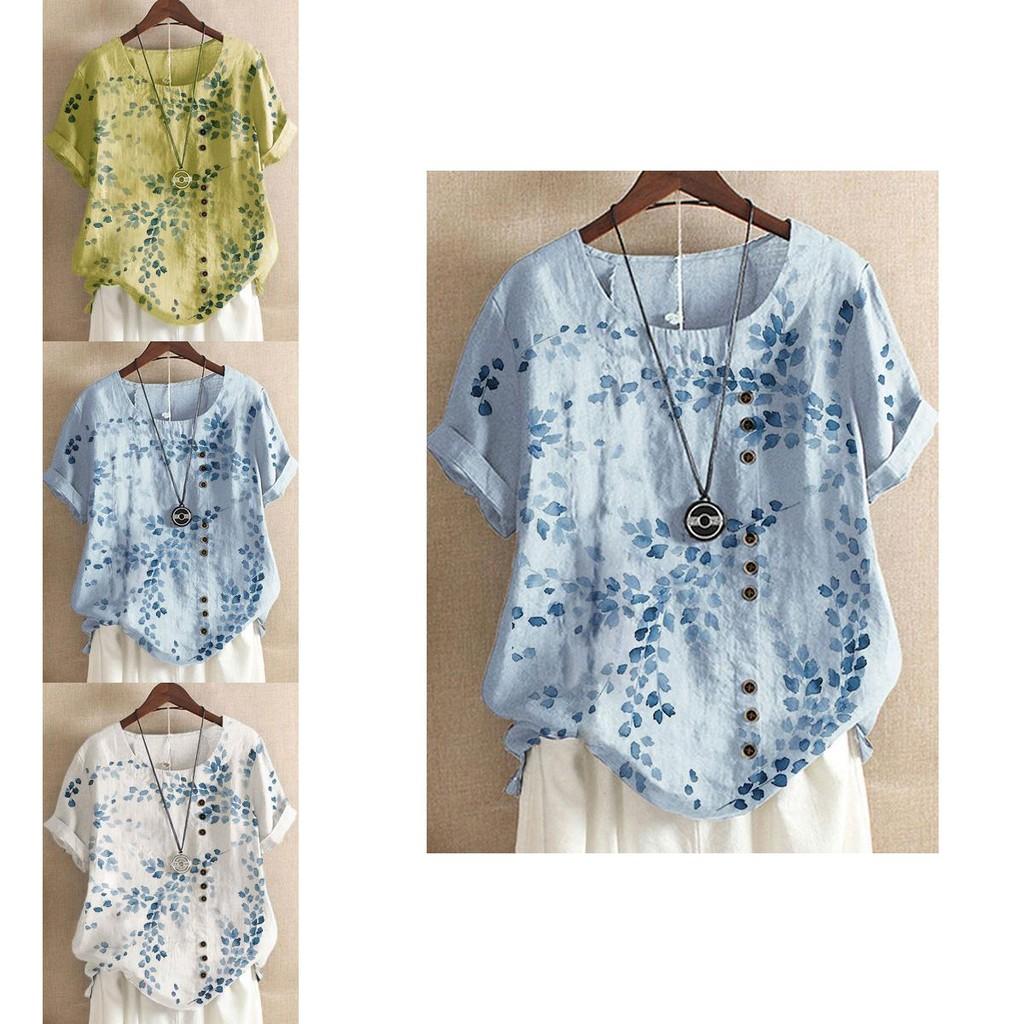 Ladies' Plus Size Floral Print Top Made From Soft Breathable Cotton Linen