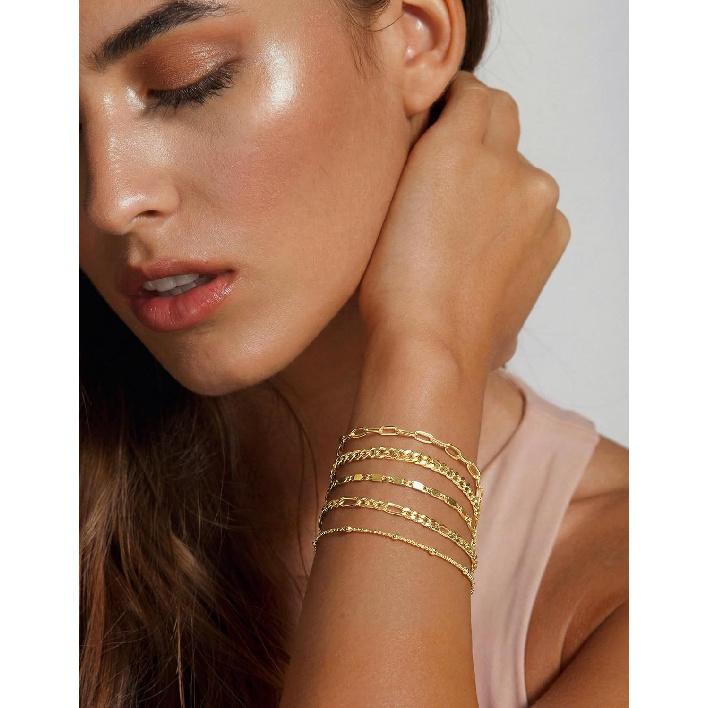 Gold Bracelets Set for Women Non Tarnish Trendy,14K Gold Plated Dainty Stackable Paperclip Cuban Link Chain Bracelets, Simple Cute Cuff Bracelets