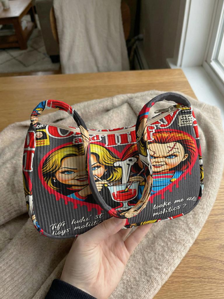 Trendy Chucky & Tiffany Print Shoulder Bag, Corduroy Underarm Bag for Daily Casual Use