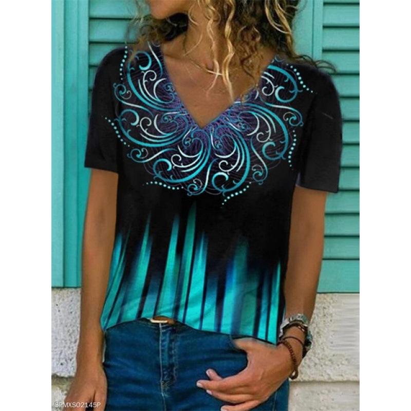 Summer 3D Digital Printing Short Sleeve V-Neck Women'S Loose Women'S T-Shirt