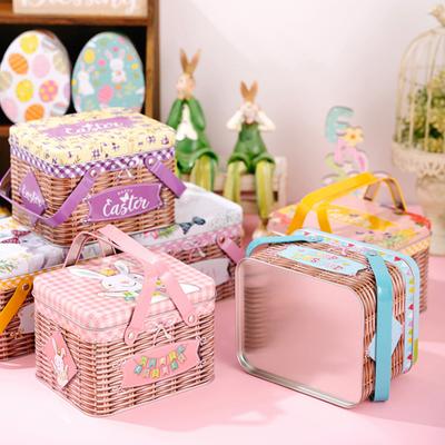 Easter Biscuit Storage Box Portable Tinplate Candy Box with 2 Handles Empty Tin Case Cookie Candy Storage Container for Easter Festival Party Supplies