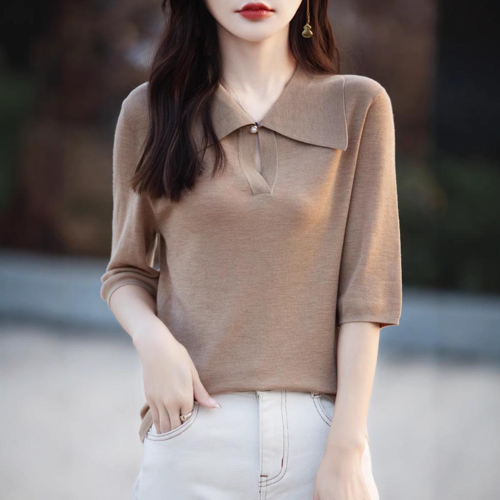 Women's 80s Merino Wool Mid-Sleeve Sweater – Thin, Loose, Turn-Down Collar Top