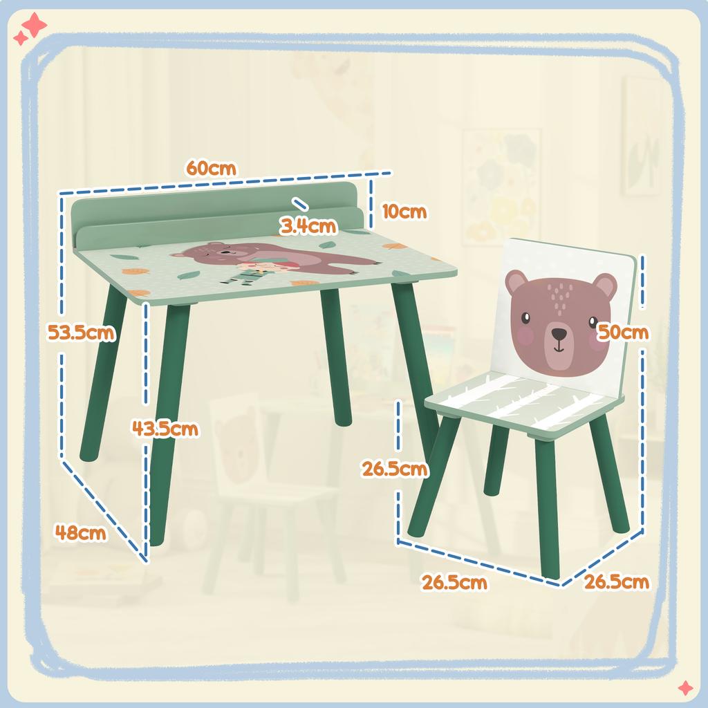 Children's Chair and Table Set with Storage Shelf, In MDF and Pine Wood, Green
