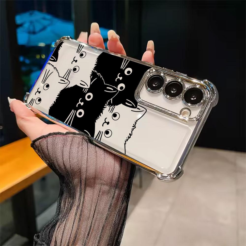 Black Cat Cartoon Art Funda For Samsung S26 Ultra Phone Case For Galaxy S25 FE S26 S24 S23 S22 S21 Ultra S20 Plus 5G Clear Cover