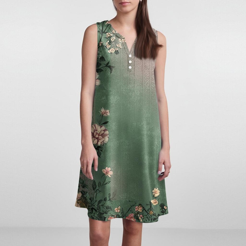 Dámské ležérní vintage květinové šaty bez rukávů s výstřihem do V, knoflíky a bočními kapsami