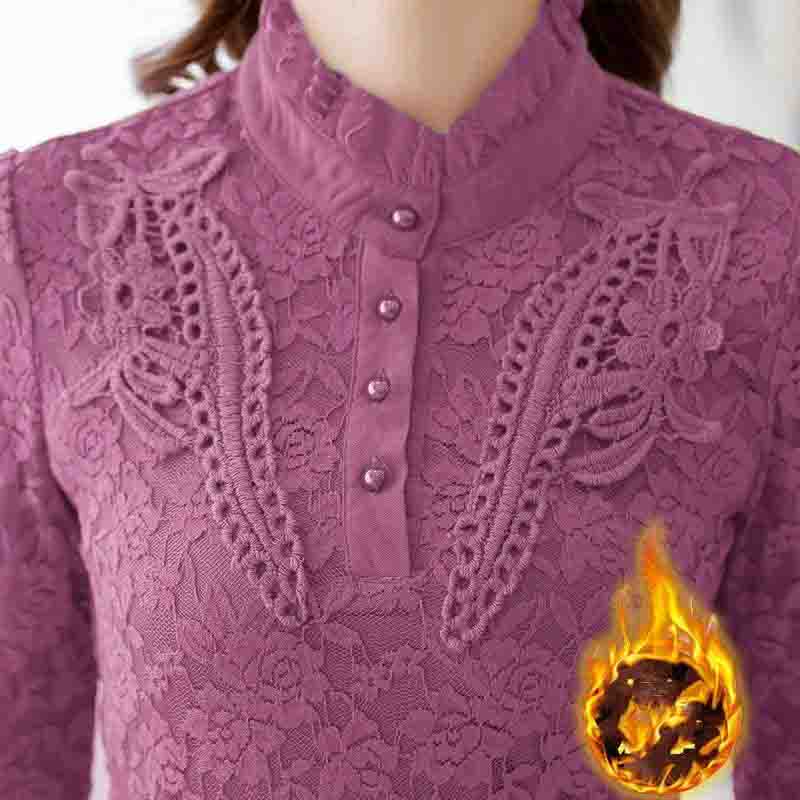 Camisa de encaje de otoño e invierno Camisa superior ajustada Camisa de mujer de talla grande con relleno de terciopelo y calidez
