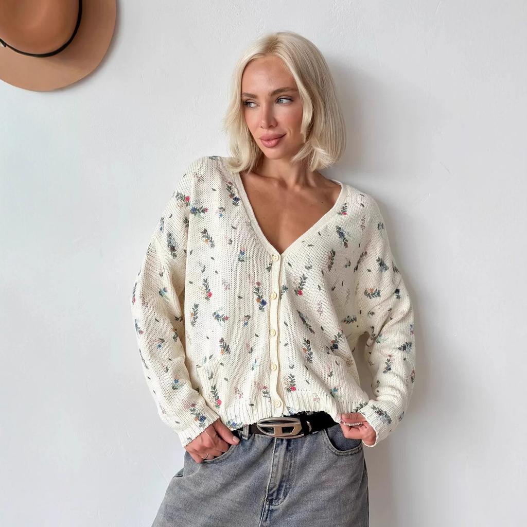 Women's Beige V Neck Knit Cardigan with Colorful Flower Embroidery and Front Pockets
