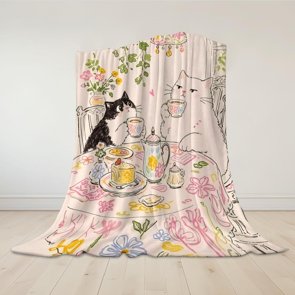 Tea Cats Flannel Blanket Warm Soft Halloween Christmas Couch Warm Cozy Decorative Decor Gift for All Season