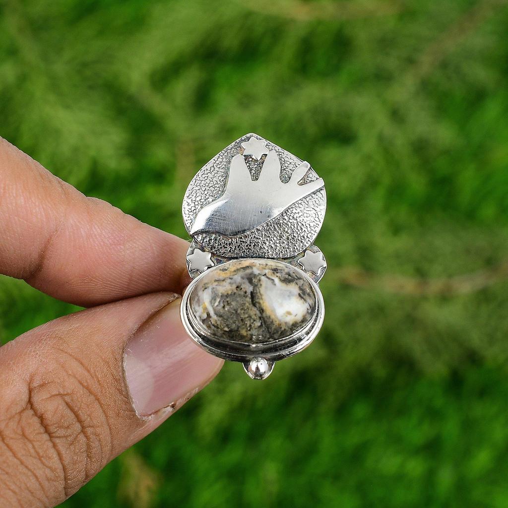 Natural Plume Agate Gemstone Statement Bird Adjustable Ring 925 Silver For Women
