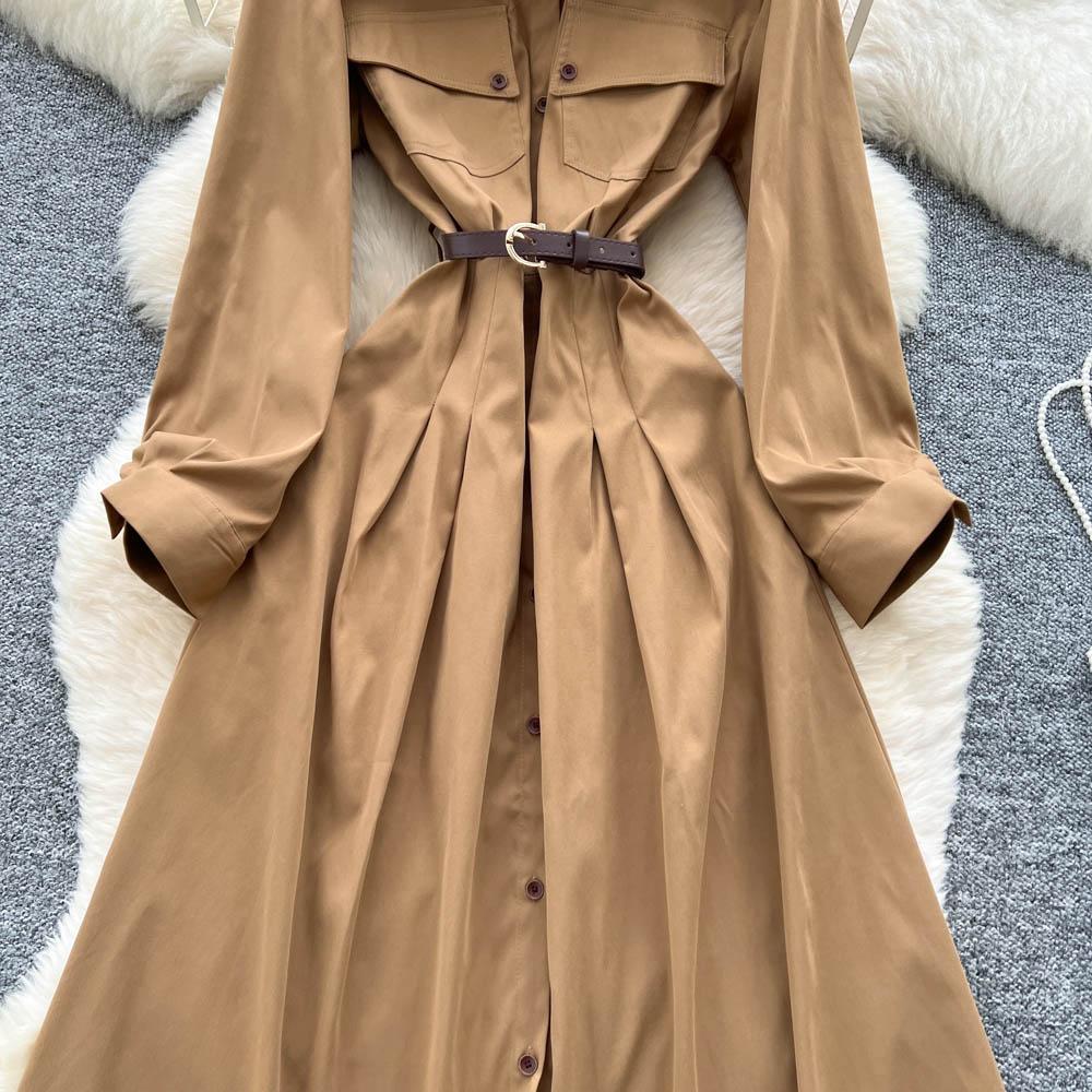 French Light Maturity Minimalist Retro Lapel Long Sleeve Single Button Waist Cinching Dress Women Autumn Slim Fit Elegant Maxi Dresses
