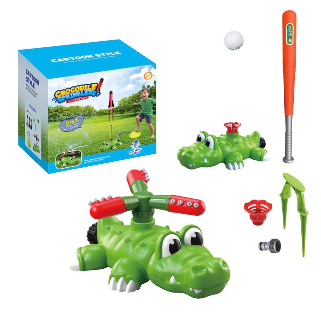 Outdoor Crocodile Sprinkler Toy with Baseball Launcher for Kids Backyard Water Play and Lawn Activities 2 in 1 Summer Garden Game Set for Children