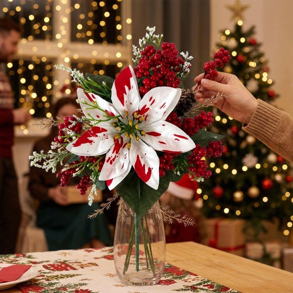 UV Resistant Artificial Poinsettia Bouquet Lush Leaves Xmas Faux Poinsettia  Christmas
