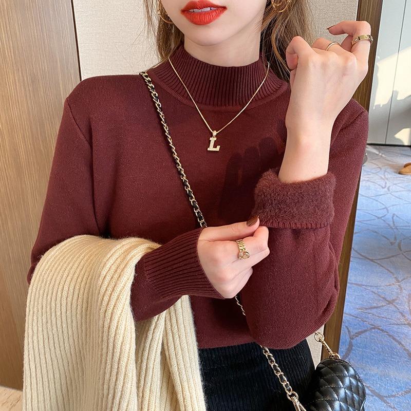 Autumn and winter semi-turtleneck velvet thickened top women's warm inner round neck long-sleeved T-shirt women's base versatile sweater