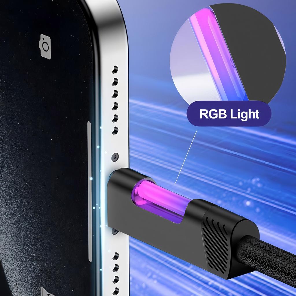 240W 6A RGB Fast Charging USB Type-C Cable - LED Ambient Light Nylon Braided Data Cord for Phone Fast Charge