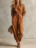 Tuta da donna con cintura, bottoni sul davanti, scollo a V, maniche lunghe, casual, vestibilità ampia, gamba affusolata