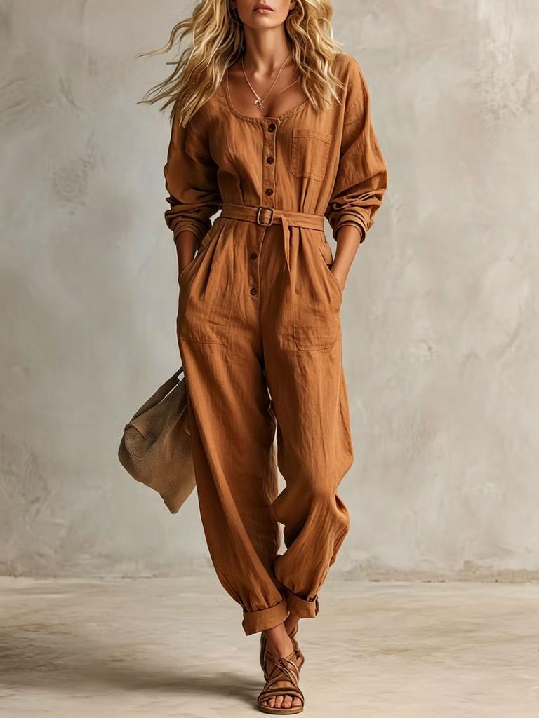 Tuta da donna con cintura, bottoni sul davanti, scollo a V, maniche lunghe, casual, vestibilità ampia, gamba affusolata