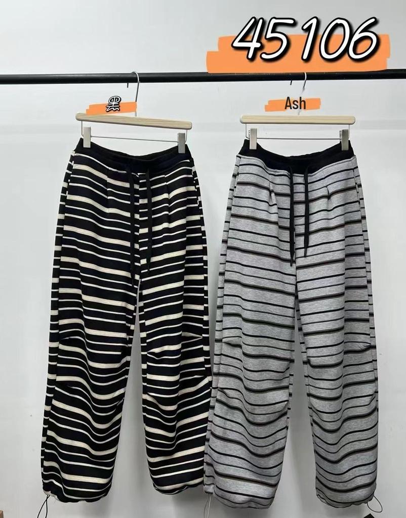 Women's Korean Style High Waist Fleece Lined Striped Sweatpants, Plus Size, Cuffed, Winter Casual.
