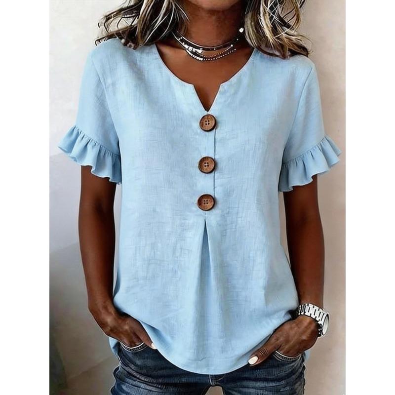 Womens Solid Color Notch V Neck Ruffle Short Sleeve Button Down Casual Blouse