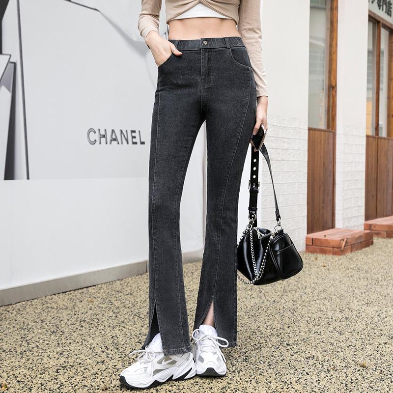 

Женские джинсы-клеш с высокой талией и разрезами, обтягивающие, стретч, большого размера M серый