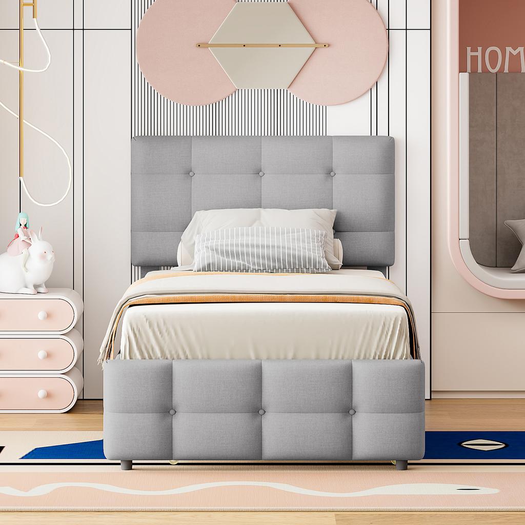 Upholstered Bed 90 X 200 Cm, Pull-out Children's Bed, Adjustable Headboard, Skin-friendly Linen Upholstery, Flat Single Bed Youth Bed Guest Bed (Grey)